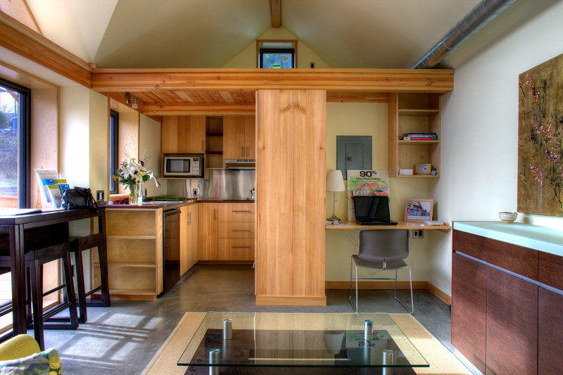 The Mini-B, a tiny house built to the Passive House standard for ultra-high energy-efficiency. It is a 300 sq ft studio with a sleeping loft. | www.facebook.com/SmallHouseBliss