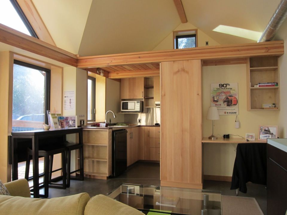 The Mini-B, a tiny house built to the Passive House standard for ultra-high energy-efficiency. It is a 300 sq ft studio with a sleeping loft. | www.facebook.com/SmallHouseBliss