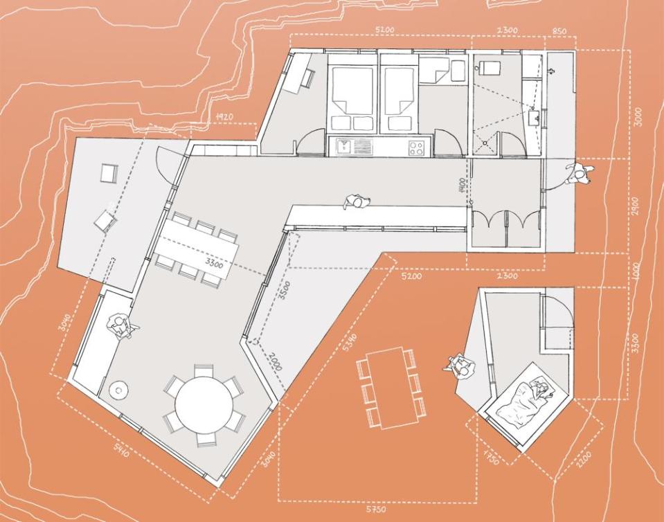 An irregular horseshoe-shaped floor plan provides shelter from the wind for this family cabin in Norway. It has 3 bedrooms in 829 sq ft. | www.facebook.com/SmallHouseBliss