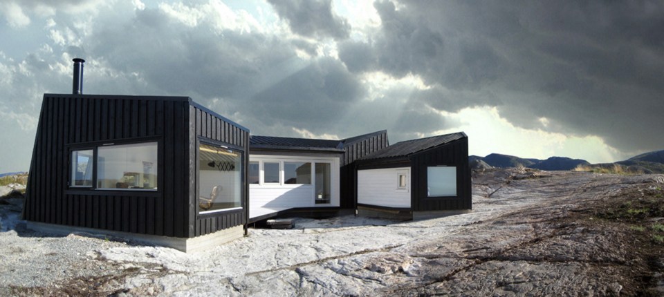 An irregular horseshoe-shaped floor plan provides shelter from the wind for this family cabin in Norway. It has 3 bedrooms in 829 sq ft. | www.facebook.com/SmallHouseBliss