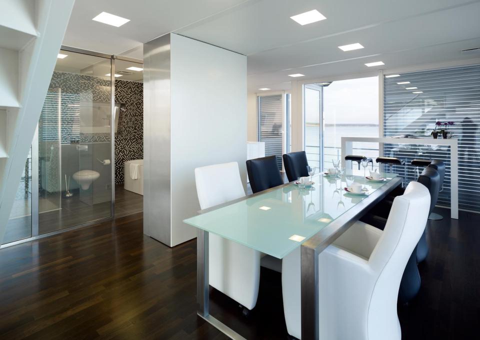 A striking contemporary float home with 2 bedrooms in 1,044 sq ft. | www.facebook.com/SmallHouseBliss