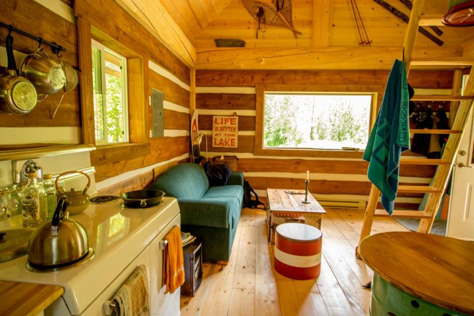 A small post and beam cabin in the woods of British Columbia. It has a 320 sq ft ground floor plus a loft. | www.facebook.com/SmallHouseBliss