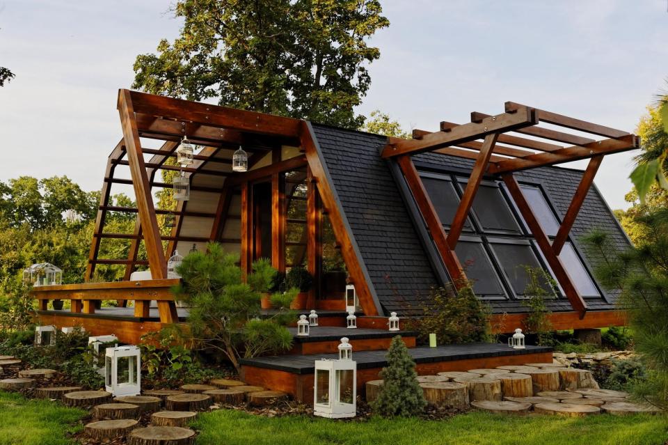 The Soleta zeroEnergy One, an eco-friendly modular house with an unusual gambrel roof design. It has 614 sq ft with a lofted bedroom. | www.facebook.com/SmallHouseBliss