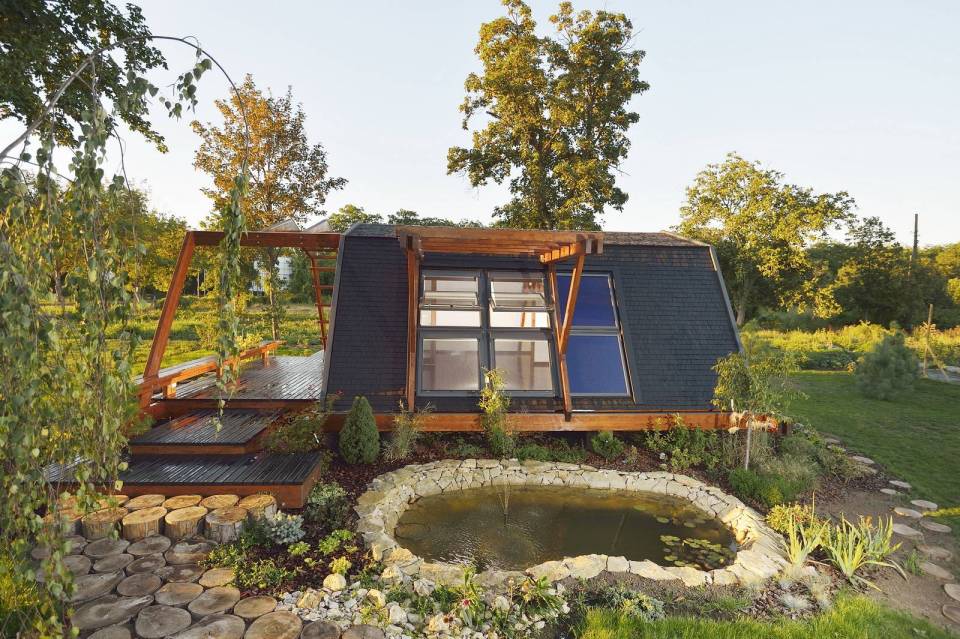 The Soleta zeroEnergy One, an eco-friendly modular house with an unusual gambrel roof design. It has 614 sq ft with a lofted bedroom. | www.facebook.com/SmallHouseBliss