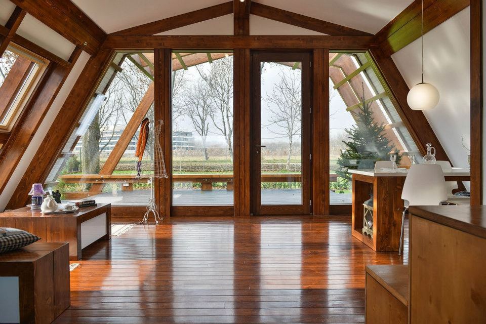 The Soleta zeroEnergy One, an eco-friendly modular house with an unusual gambrel roof design. It has 614 sq ft with a lofted bedroom. | www.facebook.com/SmallHouseBliss