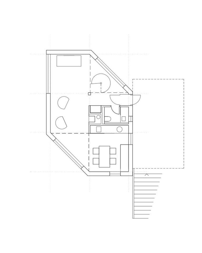 A hexagon-shaped plan was chosen to maximize views and daylight in this small house that has 2 bedrooms in 1,012 sq ft. | www.facebook.com/SmallHouseBliss