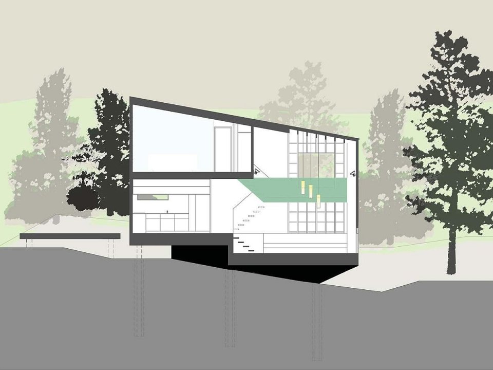 This vertically-oriented house with 1 bedroom and a small loft in 872 sq ft uses a split-level design to step down its steep site. | www.facebook.com/SmallHouseBliss