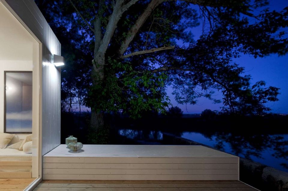 Treehouse Riga, a compact modular home with 2 bedrooms in just 474 sq ft. A sliding wall gives it a flexible floor plan. | www.facebook.com/SmallHouseBliss