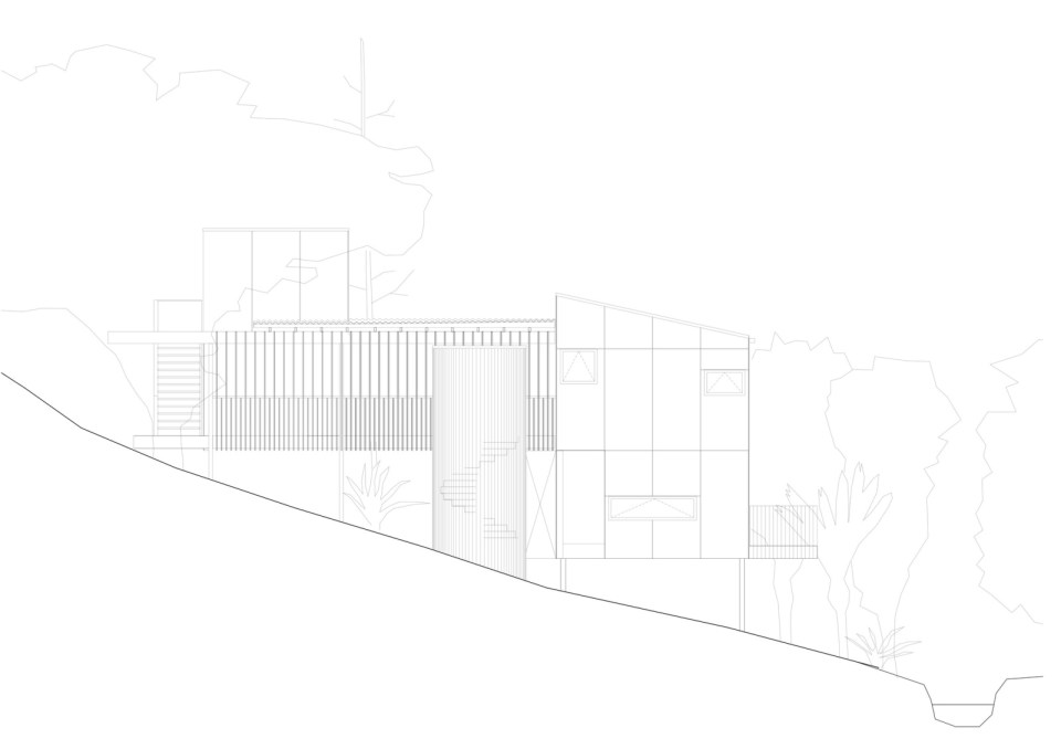 To get around this small hillside house, the owners must step outside; external decks and stairs serve as circulation space. The house has 3 bedrooms in 1,076 sq ft. | www.facebook.com/SmallHouseBliss