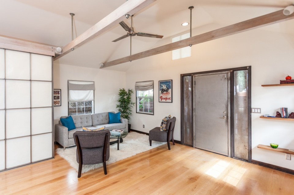 Mad Men actor Vincent Kartheiser's Hollywood pad with a "Japanese industrial" aesthetic. The 603 sq ft studio features a bed that drops from the ceiling. | www.facebook.com/SmallHouseBliss