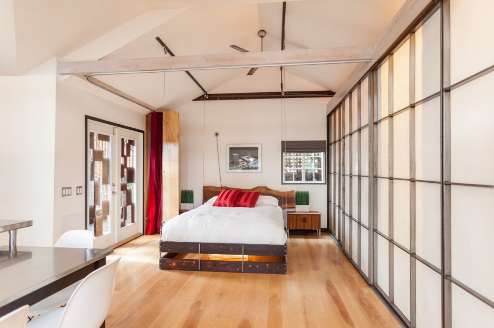 Mad Men actor Vincent Kartheiser's Hollywood pad with a "Japanese industrial" aesthetic. The 603 sq ft studio features a bed that drops from the ceiling. | www.facebook.com/SmallHouseBliss