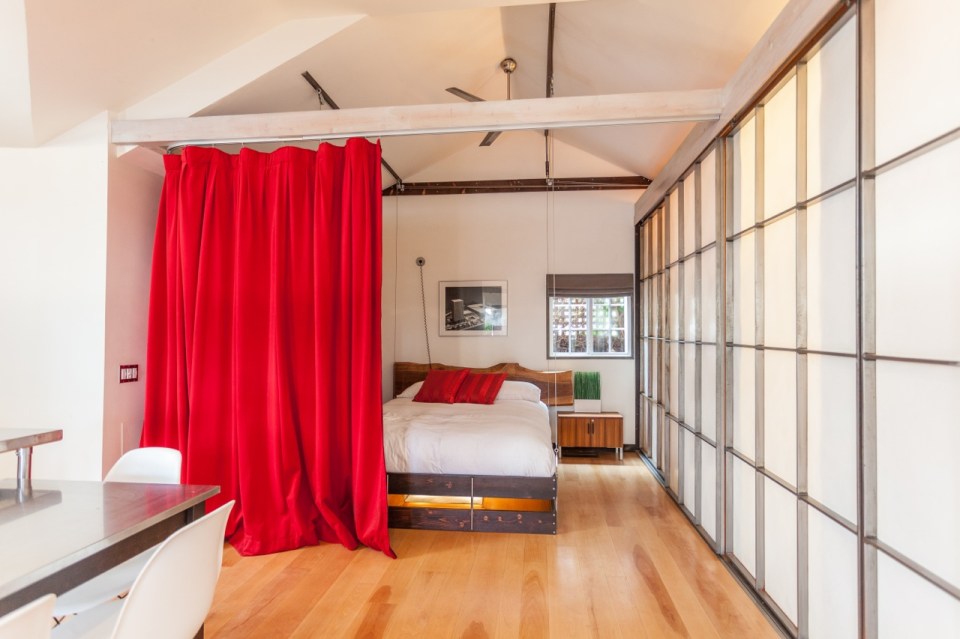 Mad Men actor Vincent Kartheiser's Hollywood pad with a "Japanese industrial" aesthetic. The 603 sq ft studio features a bed that drops from the ceiling. | www.facebook.com/SmallHouseBliss