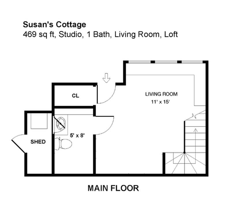 Though just 469 sq ft total, Susan's backyard cottage squeezes in spiral stairs to the loft bedroom. | www.facebook.com/SmallHouseBliss