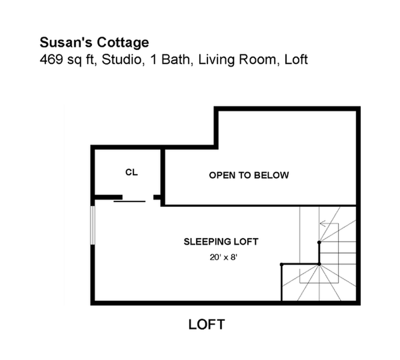 Though just 469 sq ft total, Susan's backyard cottage squeezes in spiral stairs to the loft bedroom. | www.facebook.com/SmallHouseBliss