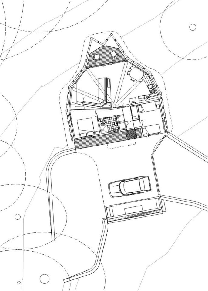 "Trunk House" in Australia uses forked tree trunks to support the roof. It has 2 bedrooms in 915 sq ft. | www.facebook.com/SmallHouseBliss