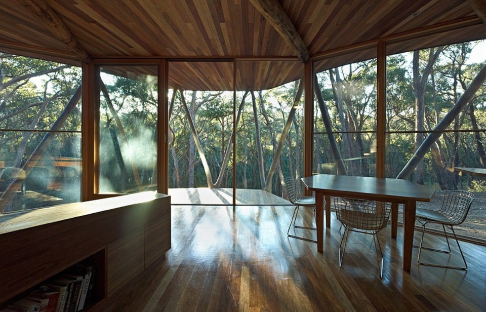 "Trunk House" in Australia uses forked tree trunks to support the roof. It has 2 bedrooms in 915 sq ft. | www.facebook.com/SmallHouseBliss