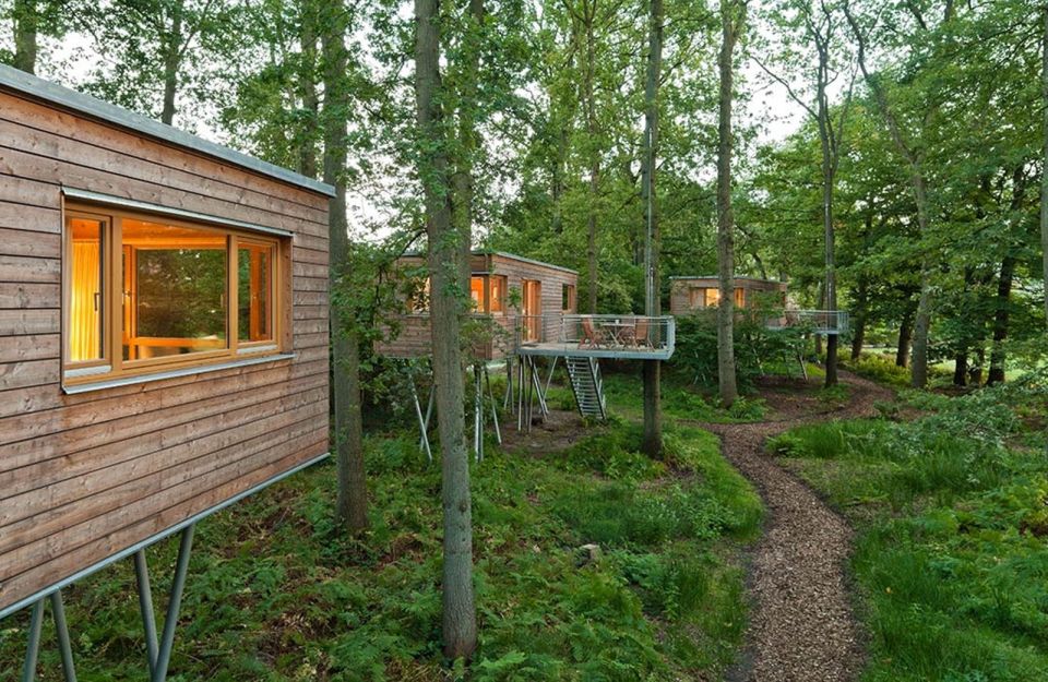 The Baumgeflüster treehouse resort in Germany. Each treehouse has one bedroom in 383 sq ft. | www.facebook.com/SmallHouseBliss
