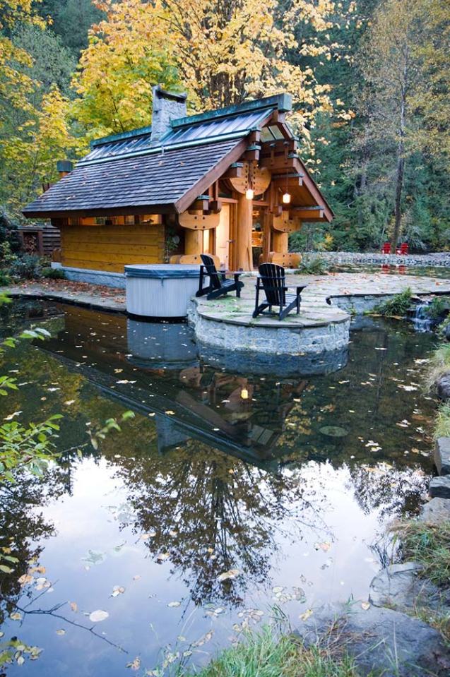 "The Totems" is a small log cabin with an almost mystical quality. It has 400 sq ft plus a sleeping loft. | www.facebook.com/SmallHouseBliss