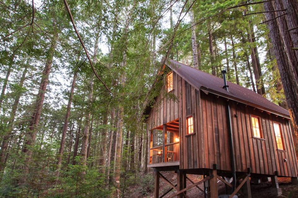 Owl Tree Cabin, a tiny cabin that feels like a treehouse. It has a compact kitchen and bathroom on the 225 sq ft main level plus a loft bedroom. | www.facebook.com/SmallHouseBliss