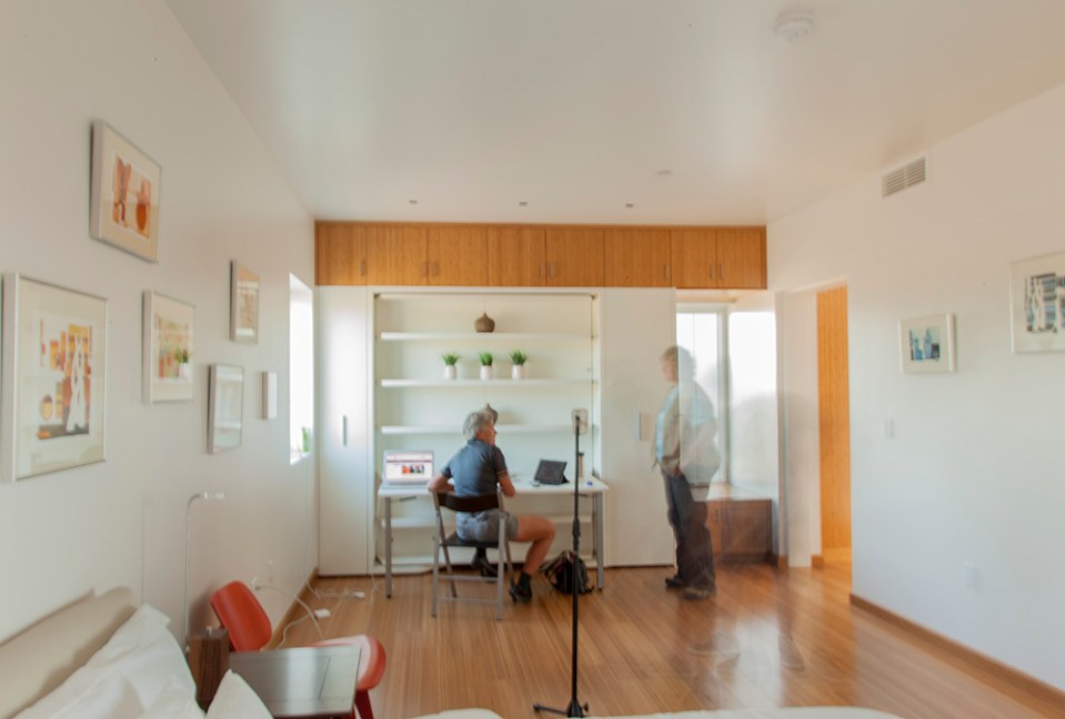INhouse, an entry at Solar Decathlon 2015, has a covering of redwood strips to shade the walls and keep the home cooler. It has one bedroom plus a flex space in 986 sq ft. | www.facebook.com/SmallHouseBliss