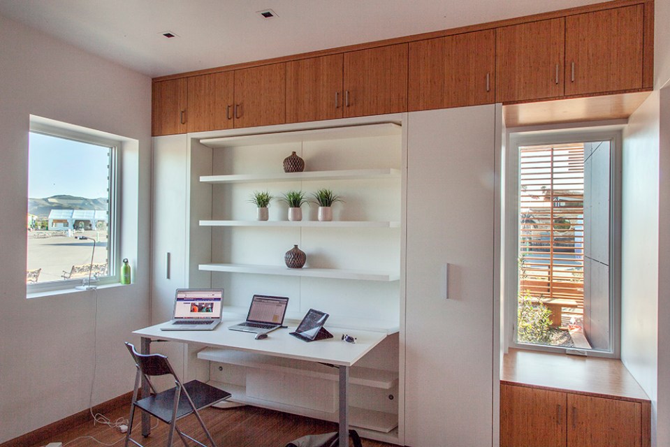INhouse, an entry at Solar Decathlon 2015, has a covering of redwood strips to shade the walls and keep the home cooler. It has one bedroom plus a flex space in 986 sq ft. | www.facebook.com/SmallHouseBliss
