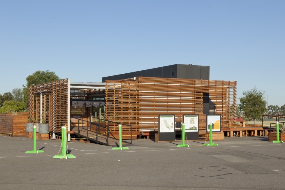 INhouse, an entry at Solar Decathlon 2015, has a covering of redwood strips to shade the walls and keep the home cooler. It has one bedroom plus a flex space in 986 sq ft. | www.facebook.com/SmallHouseBliss