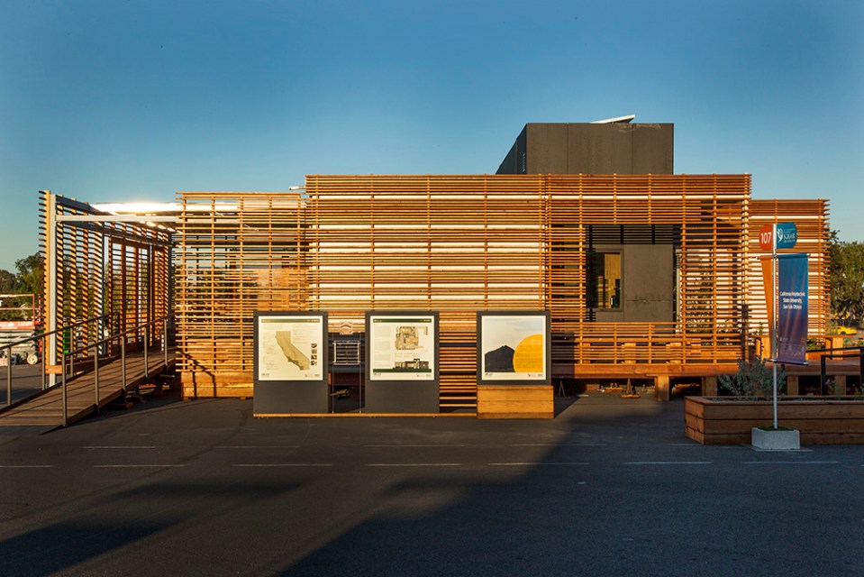 INhouse, an entry at Solar Decathlon 2015, has a covering of redwood strips to shade the walls and keep the home cooler. It has one bedroom plus a flex space in 986 sq ft. | www.facebook.com/SmallHouseBliss