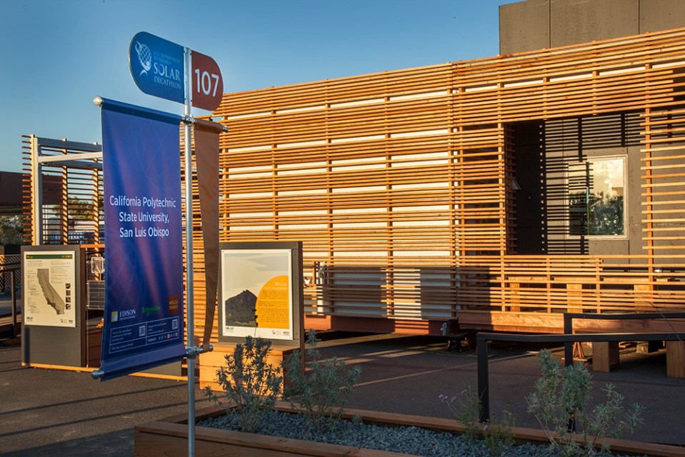 INhouse, an entry at Solar Decathlon 2015, has a covering of redwood strips to shade the walls and keep the home cooler. It has one bedroom plus a flex space in 986 sq ft. | www.facebook.com/SmallHouseBliss