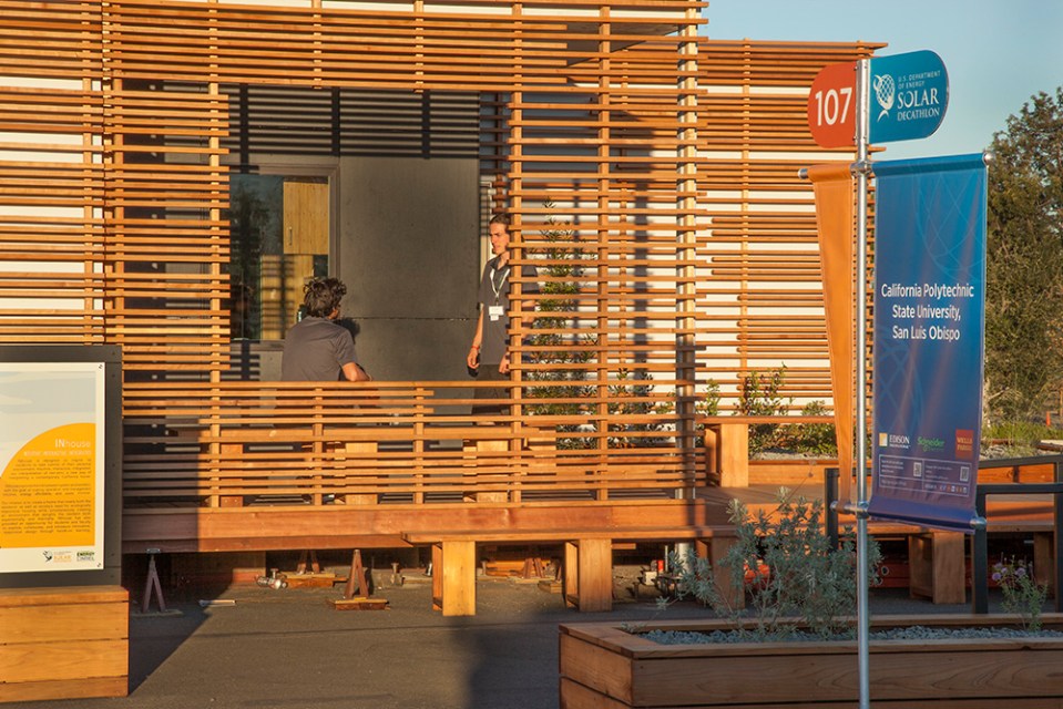 INhouse, an entry at Solar Decathlon 2015, has a covering of redwood strips to shade the walls and keep the home cooler. It has one bedroom plus a flex space in 986 sq ft. | www.facebook.com/SmallHouseBliss