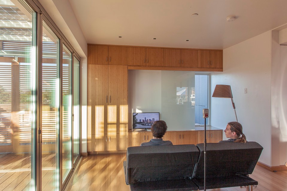 INhouse, an entry at Solar Decathlon 2015, has a covering of redwood strips to shade the walls and keep the home cooler. It has one bedroom plus a flex space in 986 sq ft. | www.facebook.com/SmallHouseBliss