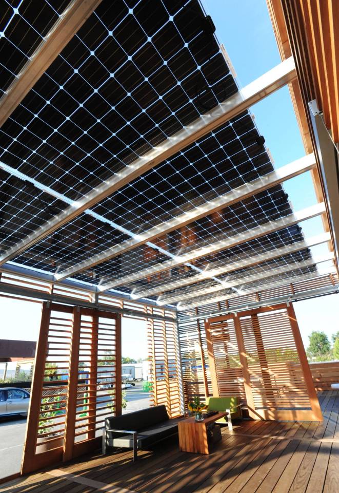 INhouse, an entry at Solar Decathlon 2015, has a covering of redwood strips to shade the walls and keep the home cooler. It has one bedroom plus a flex space in 986 sq ft. | www.facebook.com/SmallHouseBliss