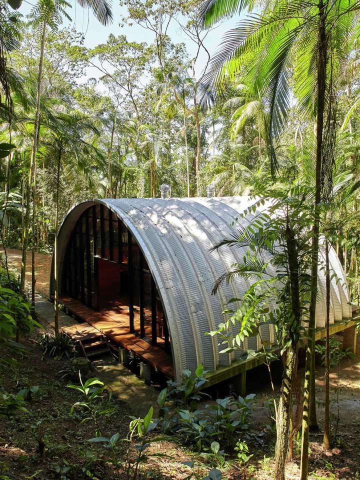"Arca", an arched retreat in the Brazilian rainforest created from a prefab metal building. It has two bedrooms in 781 sq ft. | www.facebook.com/SmallHouseBliss