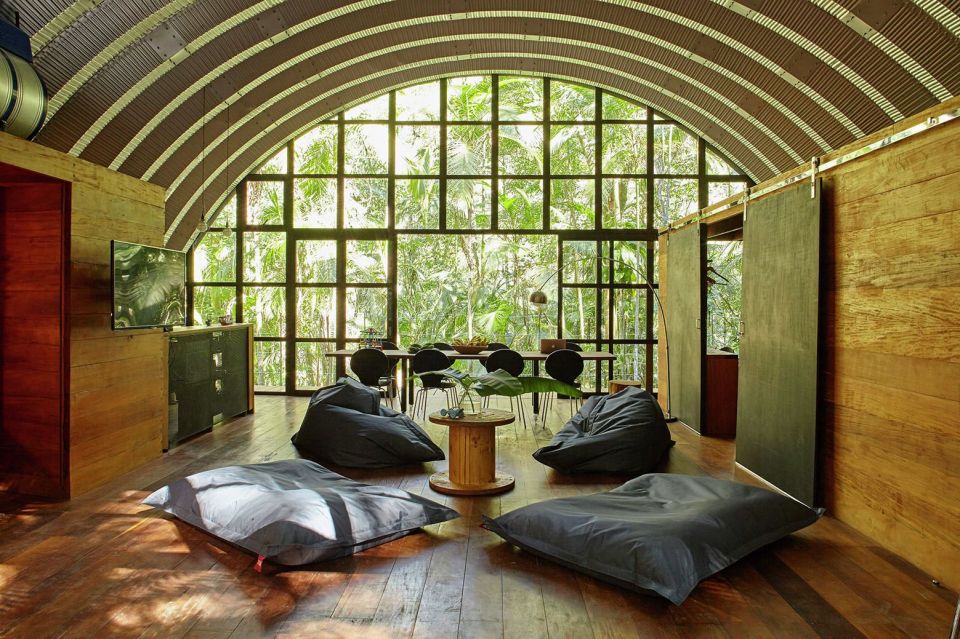 "Arca", an arched retreat in the Brazilian rainforest created from a prefab metal building. It has two bedrooms in 781 sq ft. | www.facebook.com/SmallHouseBliss