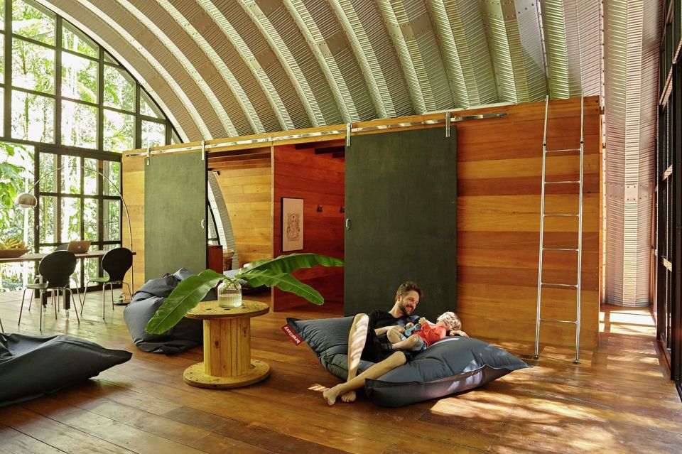 "Arca", an arched retreat in the Brazilian rainforest created from a prefab metal building. It has two bedrooms in 781 sq ft. | www.facebook.com/SmallHouseBliss