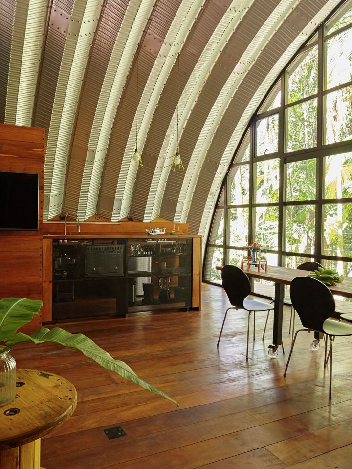 "Arca", an arched retreat in the Brazilian rainforest created from a prefab metal building. It has two bedrooms in 781 sq ft. | www.facebook.com/SmallHouseBliss