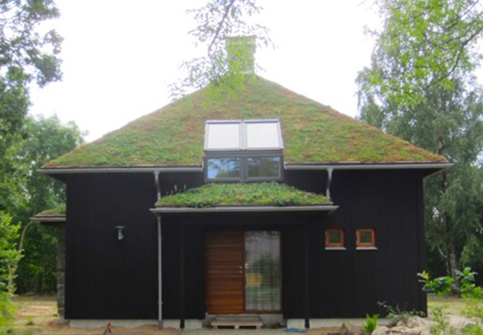 A vacation cabin in Sweden built in the regions's vernacular style with dovetailed log walls and a living green roof. It has two bedrooms and a loft in roughly 750 sq ft. | www.facebook.com/SmallHouseBliss