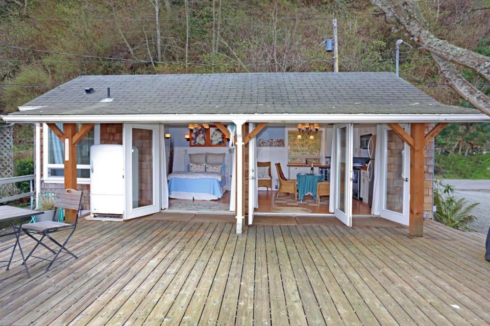 This breezy beach cottage was renovated from an old-timer fishing cabin. It has a 336 sq ft studio floor plan. | www.facebook.com/SmallHouseBliss